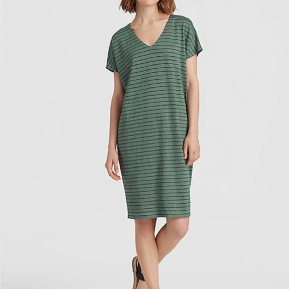 Eileen Fisher Organic Linen Striped V-Neck T-shirt Dress Nori Green, Lagenlook - Picture 6 of 6